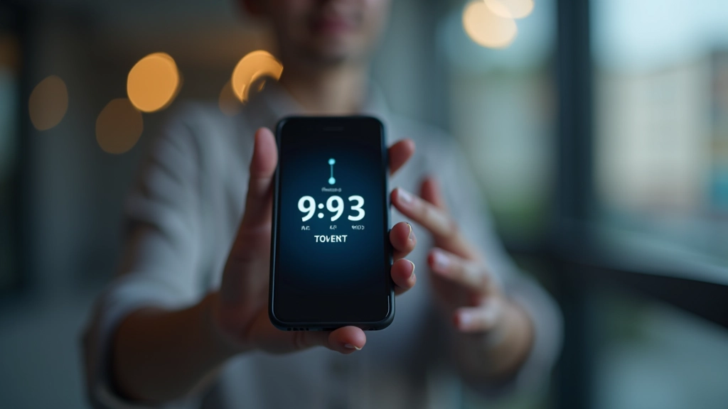 Digitale Uhr auf Smartphone-Bildschirm, Zeitmanagement und Screentime-Begrenzung