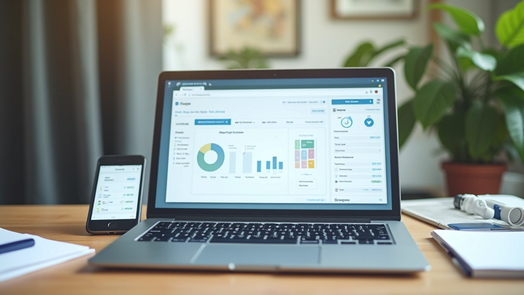 Laptop und Smartphone auf Schreibtisch mit Finanz-Apps, moderne digitale Banking-Schnittstelle, Arbeitsbereich in heller Beleuchtung