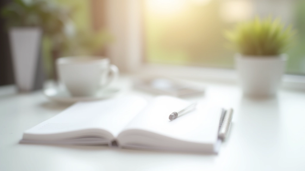 Modernes Notizbuch auf Schreibtisch mit Stift und Kaffeetasse, Budgetplanung, helle Arbeitsumgebung