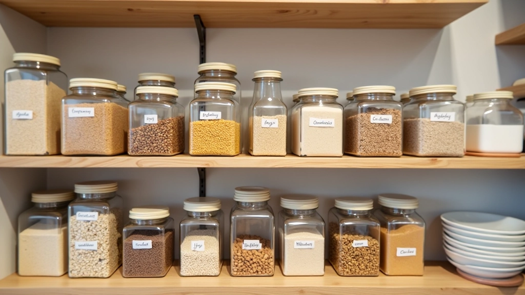 Verschiedene Behälter mit gelagerten Lebensmitteln im Küchenschrank, Organisation und Vorratshaltung