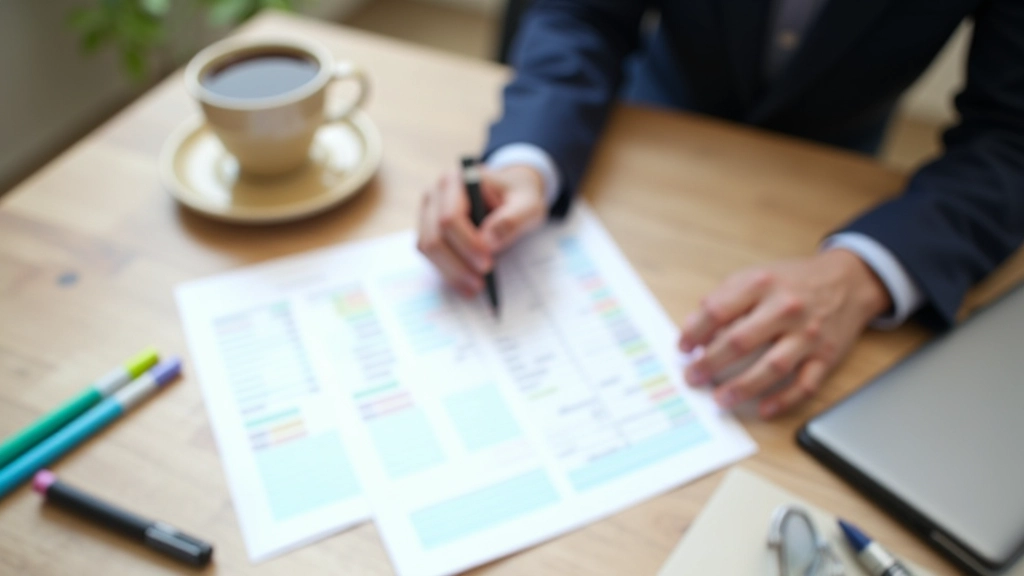 Person schreibt Budgetplan auf Papier mit Kugelschreiber, farbige Marker und Kaffeetasse auf dem Schreibtisch, Nahaufnahme von oben
