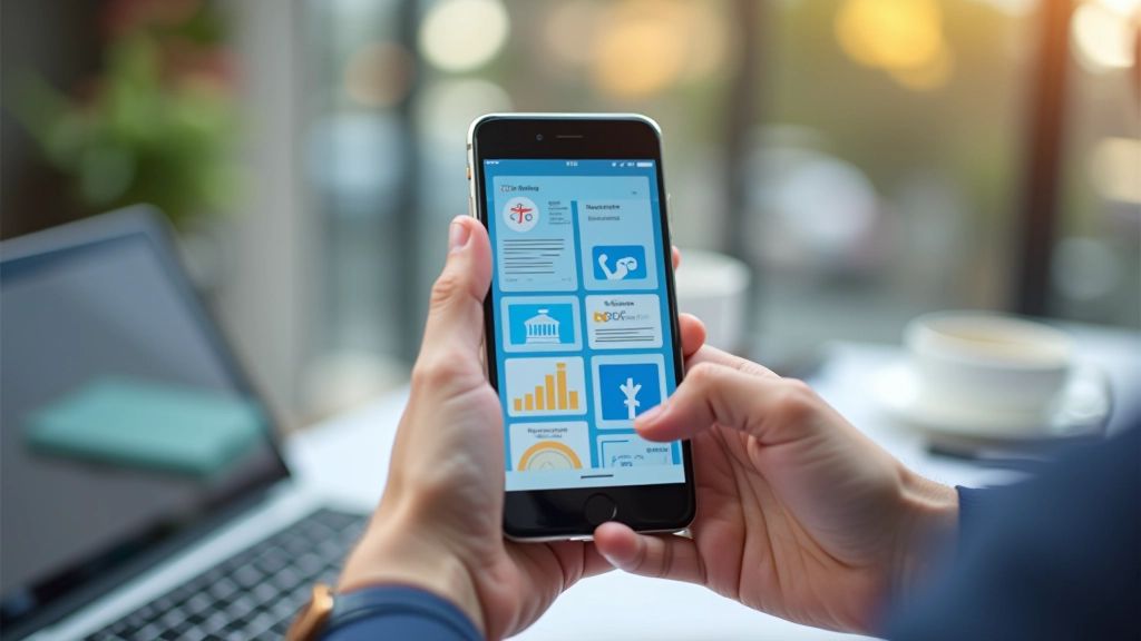 Smartphone mit Banking-App auf dem Tisch, mehrere Finanz-Apps auf dem Bildschirm sichtbar, moderne mobile Finanztools