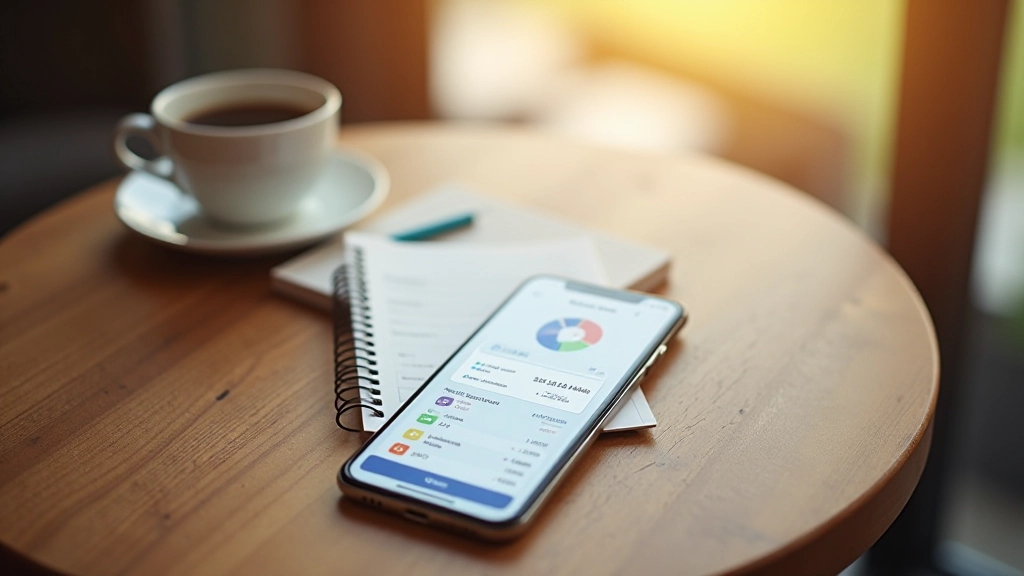 Smartphone auf Holztisch zeigt Budget-App oder Haushaltsbuch-Anwendung mit Finanzübersicht