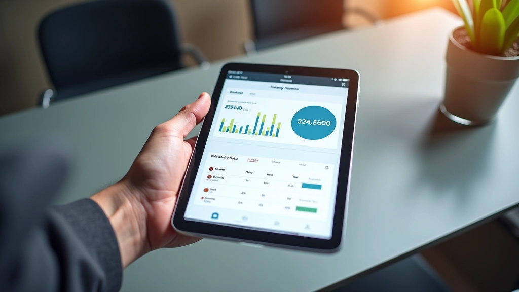 Tablet und Notebook mit Banking-App Bildschirm, Finanzdaten sichtbar, Schreibtisch Setup, modernes Büro