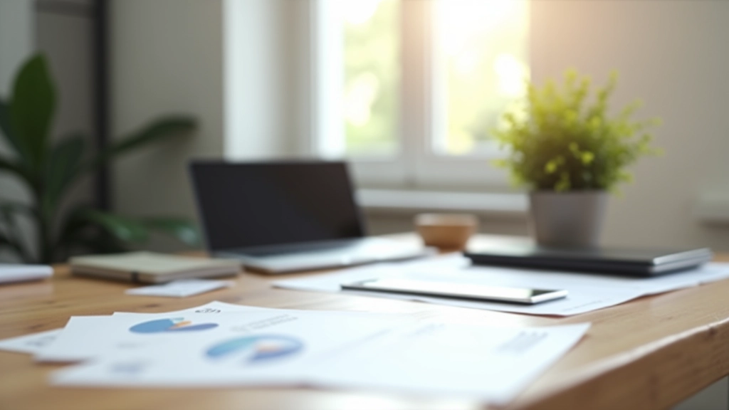 Modernes Büro mit Laptop und Finanzunterlagen auf Schreibtisch, helles Arbeitsumfeld, digitale Finanzplanung